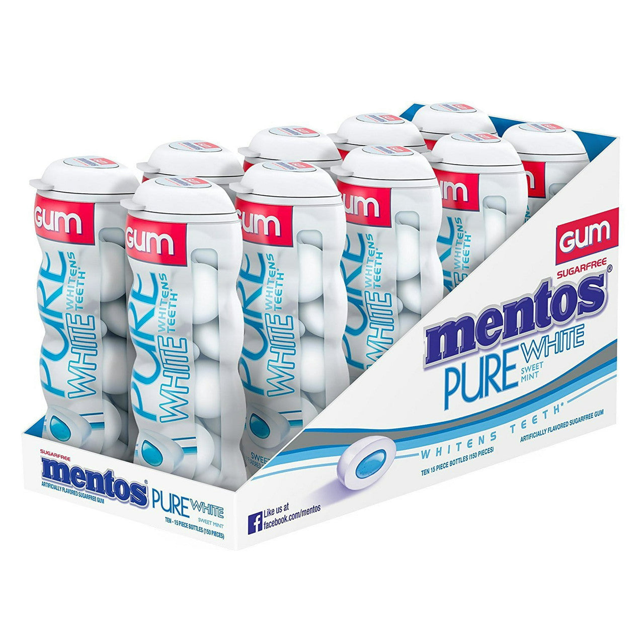 Mentos Sugar Free Chewing Gum, Pure White Mint Flavor, 15 Ea, 10 Pack